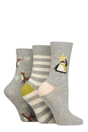 Ladies 3 Pair Caroline Gardner Christmas Patterned Cotton Socks