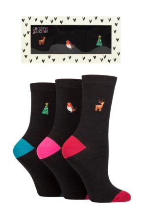 Ladies 3 Pair Caroline Gardner Flat Christmas Gift Boxed Embroidered Socks