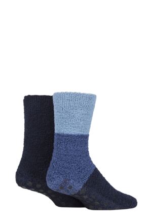 Men's 2 Pair SOCKSHOP Stripe & Plain Cosy Slipper Socks with Grip
