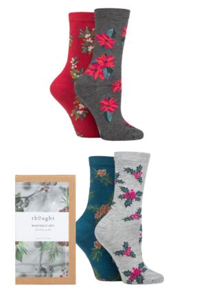 Ladies 4 Pair Thought Abisska Winter Flowers Bamboo and Organic Cotton Gift Boxed Socks
